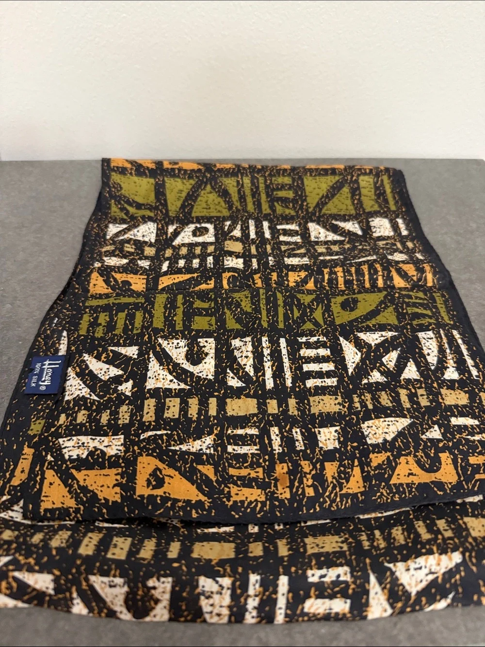 Mid-Century Geometric scarf in Olive, Mustard & Cream 100% silk